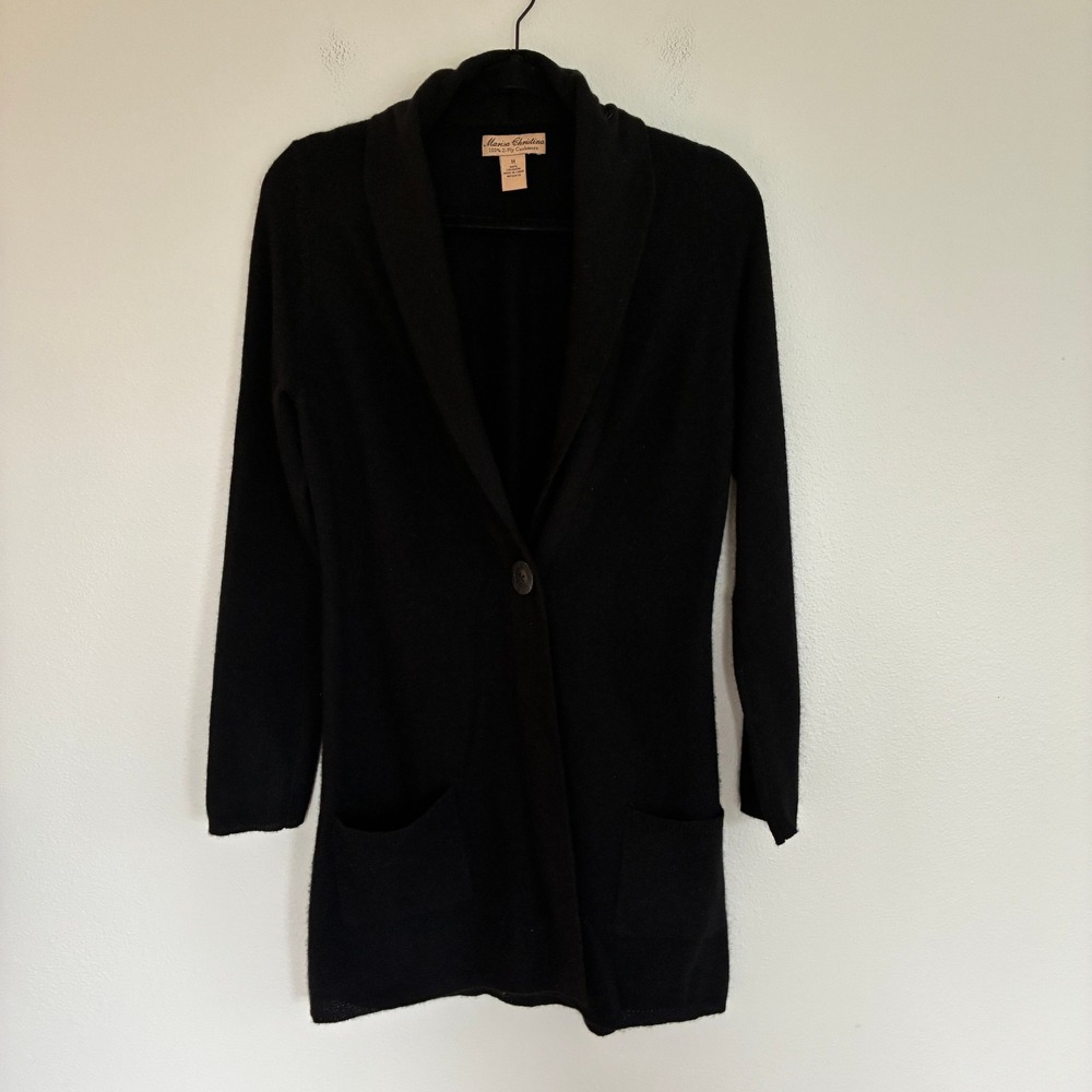 Marisa Christina 100% Cashmere Cardigan Sweater Womens M Black Shawl Collar